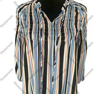 a.n.a Small Blue & Orange Stripe Smocked 3/4 Sleeve Tie Neck Blouse